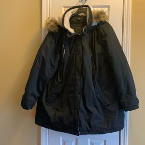 Black parka with removable faux fur trimmed hood.